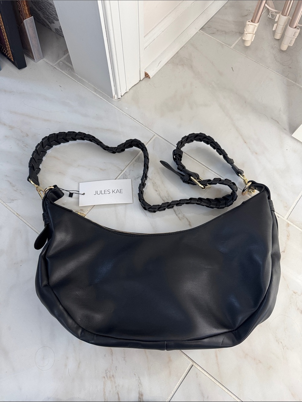Jules Kae Black Braided Strap Vegan Leather Crescent Bag